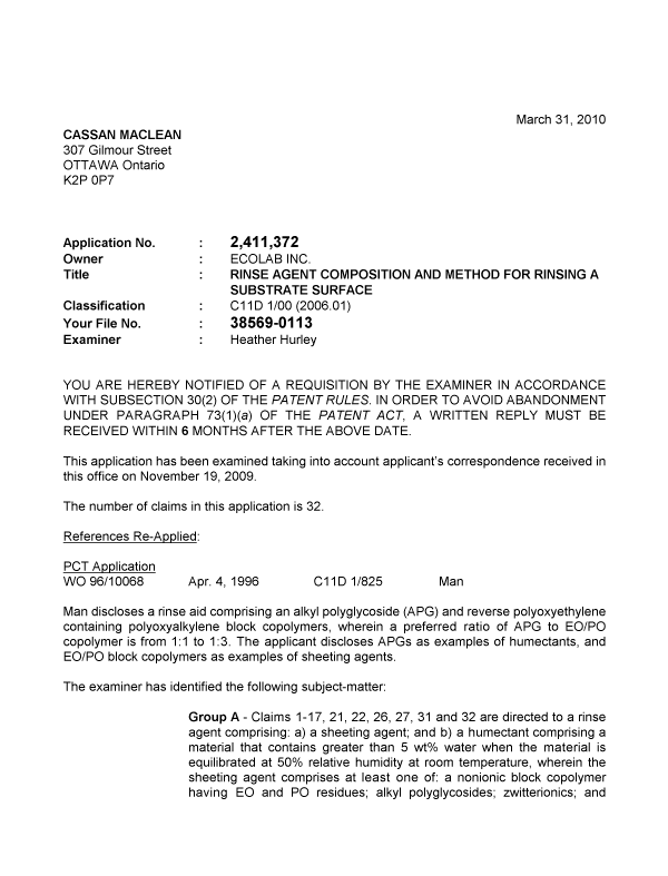 Canadian Patent Document 2411372. Prosecution-Amendment 20100331. Image 1 of 3