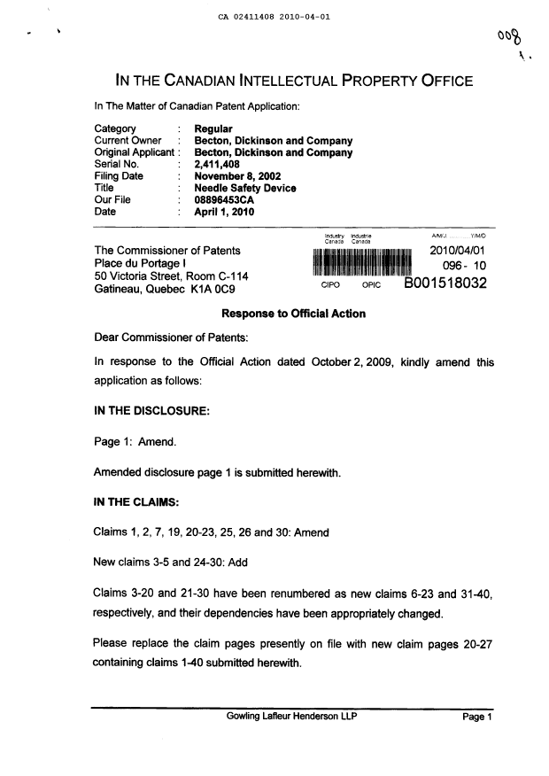 Canadian Patent Document 2411408. Prosecution-Amendment 20091201. Image 1 of 13