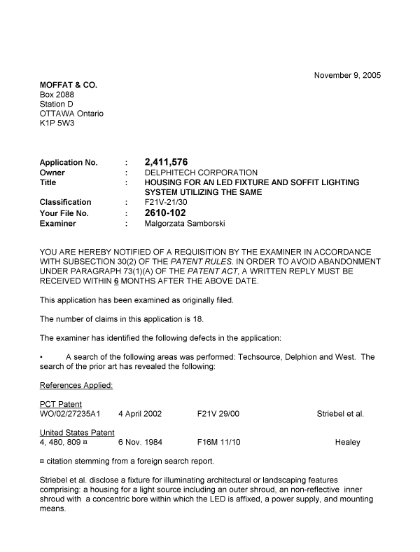 Document de brevet canadien 2411576. Poursuite-Amendment 20051109. Image 1 de 2