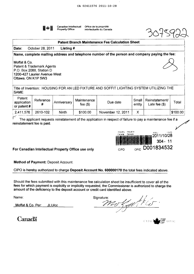 Canadian Patent Document 2411576. Fees 20111028. Image 1 of 1