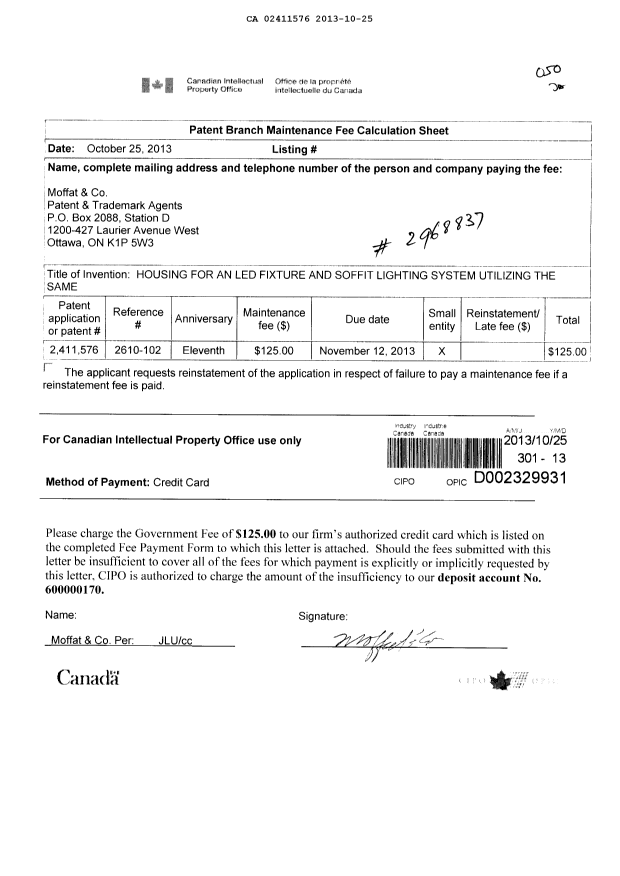 Document de brevet canadien 2411576. Taxes 20131025. Image 1 de 1