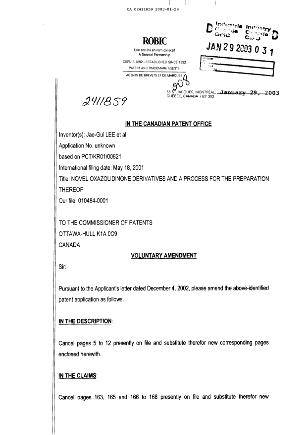 Document de brevet canadien 2411859. Poursuite-Amendment 20030129. Image 1 de 15