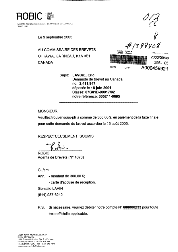 Document de brevet canadien 2411947. Correspondance 20041209. Image 1 de 1
