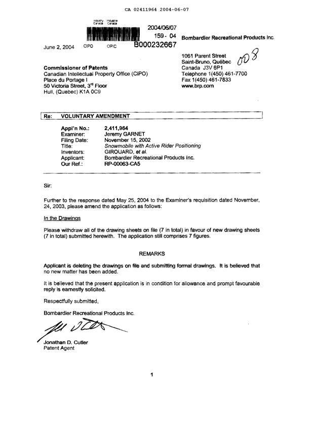 Canadian Patent Document 2411964. Prosecution-Amendment 20040607. Image 1 of 8