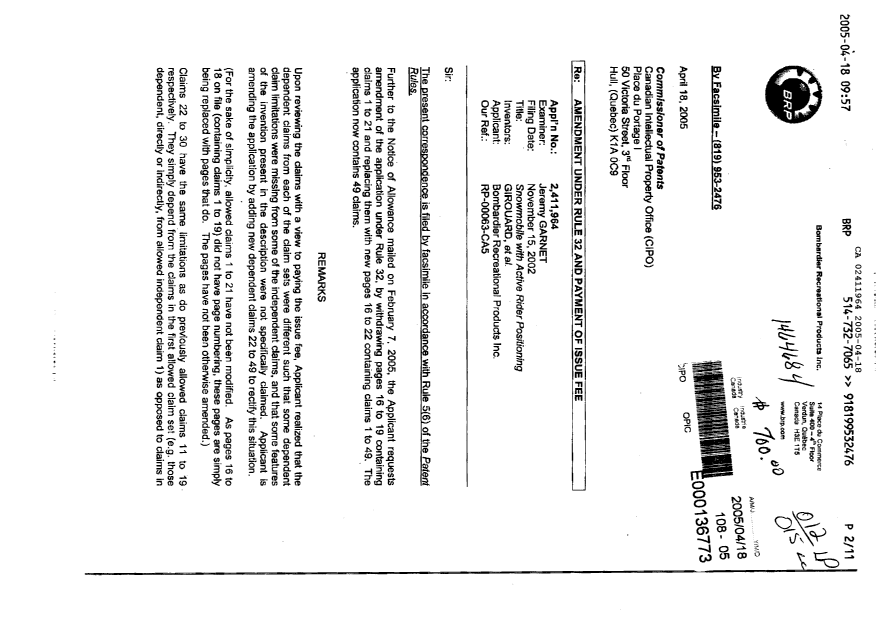 Canadian Patent Document 2411964. Prosecution-Amendment 20050418. Image 1 of 10
