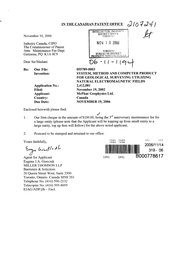 Document de brevet canadien 2412081. Taxes 20061114. Image 1 de 1