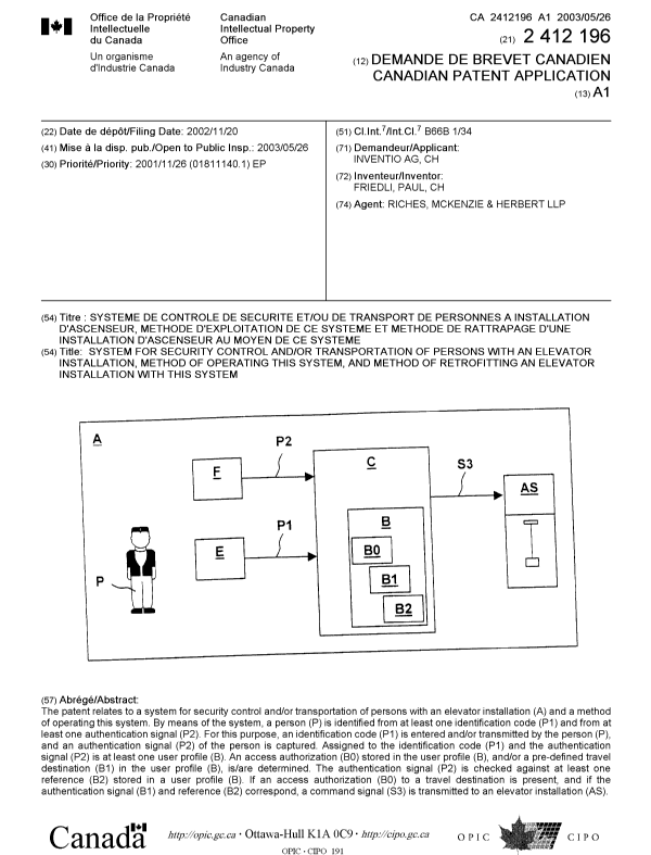 Canadian Patent Document 2412196. Cover Page 20030505. Image 1 of 1