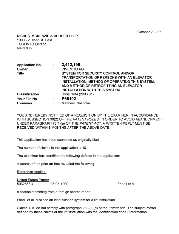 Canadian Patent Document 2412196. Prosecution-Amendment 20091002. Image 1 of 2