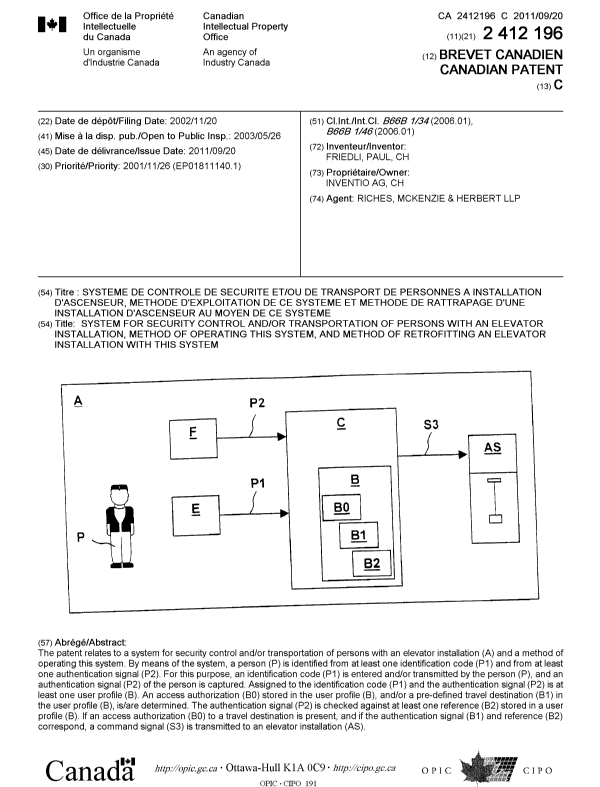 Canadian Patent Document 2412196. Cover Page 20110815. Image 1 of 1