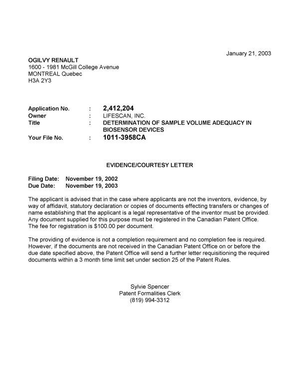 Document de brevet canadien 2412204. Correspondance 20030114. Image 1 de 1