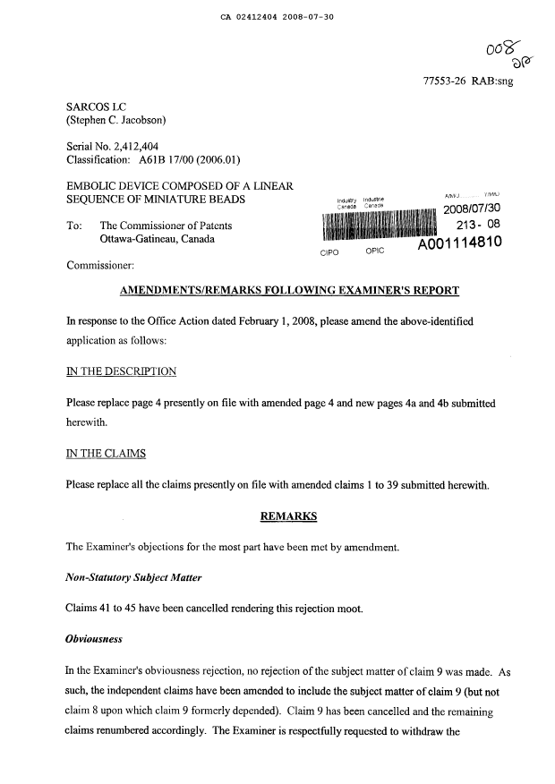Canadian Patent Document 2412404. Prosecution-Amendment 20071230. Image 1 of 12