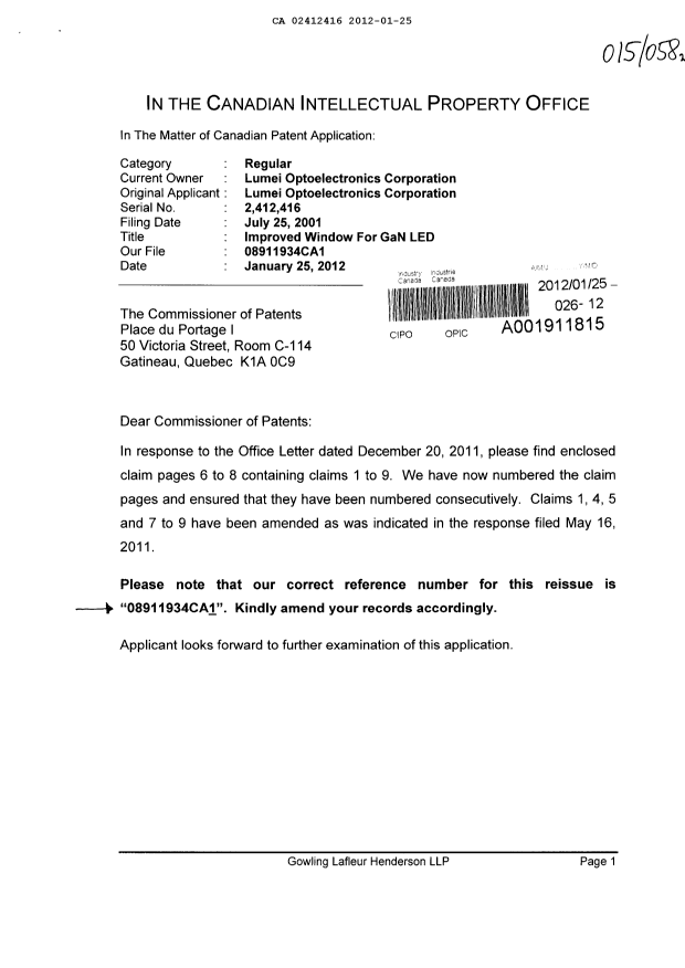 Document de brevet canadien 2412416. Correspondance 20120125. Image 1 de 2