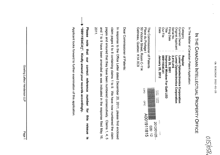 Canadian Patent Document 2412416. Correspondence 20120125. Image 1 of 2