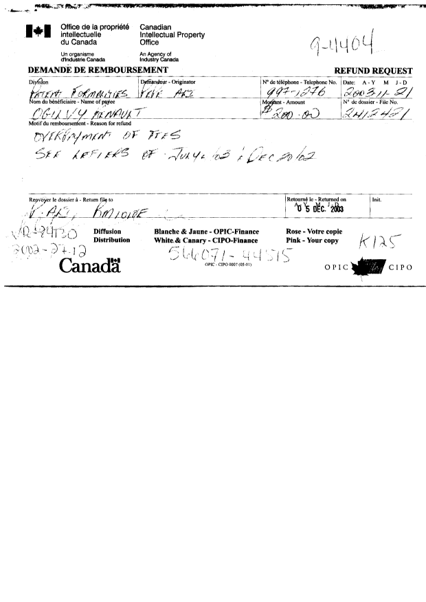 Document de brevet canadien 2412421. Cession 20031121. Image 1 de 3