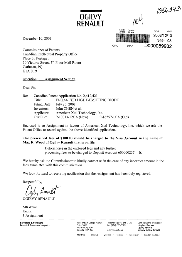 Document de brevet canadien 2412421. Cession 20031210. Image 1 de 4