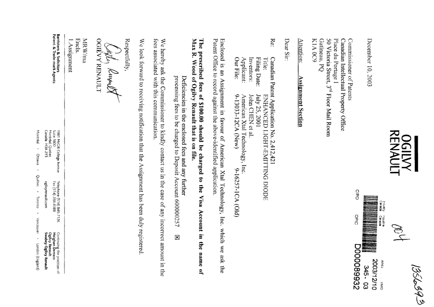 Canadian Patent Document 2412421. Assignment 20031210. Image 1 of 4