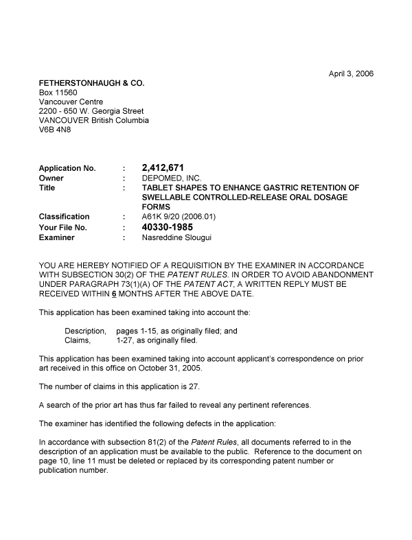 Canadian Patent Document 2412671. Prosecution-Amendment 20051203. Image 1 of 2