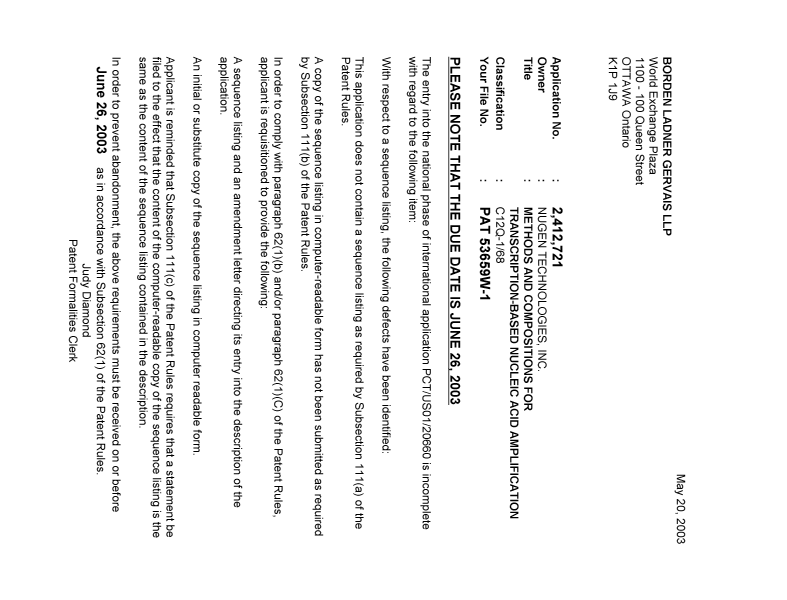Document de brevet canadien 2412721. Correspondance 20030513. Image 1 de 2