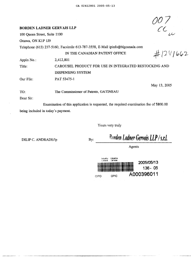 Document de brevet canadien 2412801. Poursuite-Amendment 20041213. Image 1 de 1