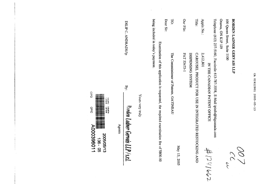 Document de brevet canadien 2412801. Poursuite-Amendment 20041213. Image 1 de 1