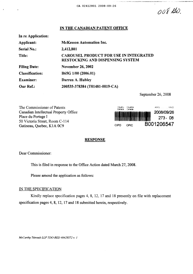 Canadian Patent Document 2412801. Prosecution-Amendment 20071226. Image 1 of 11
