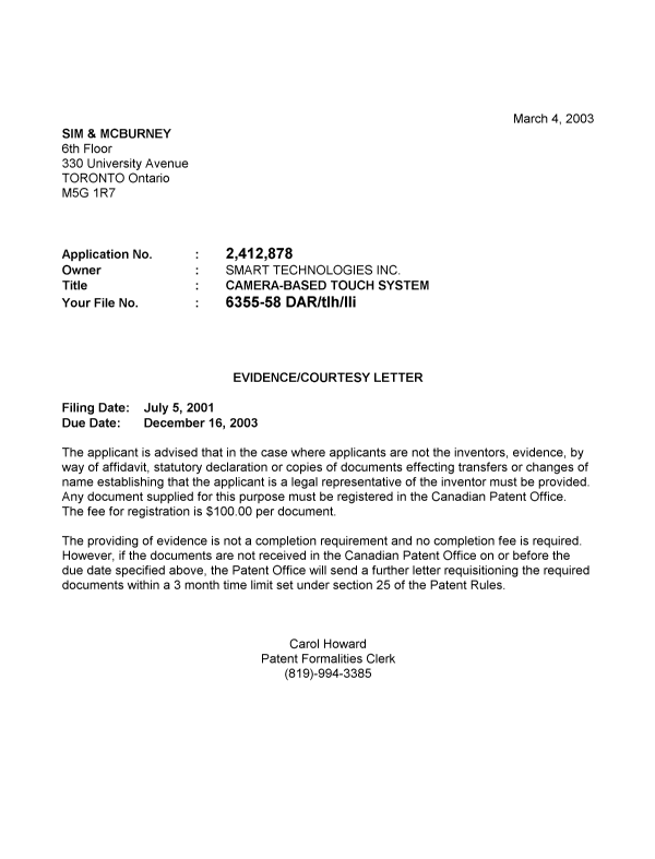 Document de brevet canadien 2412878. Correspondance 20030226. Image 1 de 1