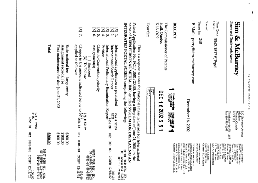 Document de brevet canadien 2413072. Cession 20021216. Image 1 de 3