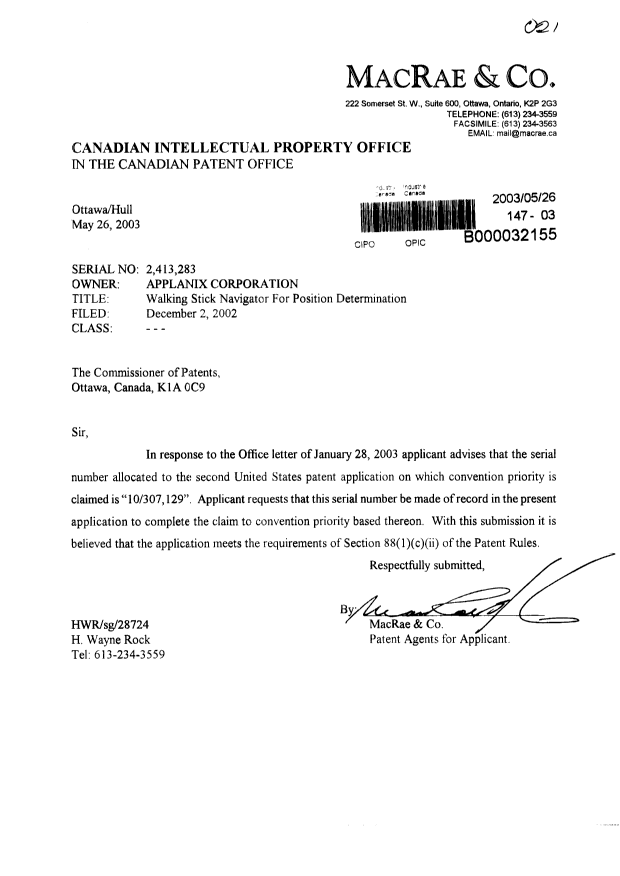 Document de brevet canadien 2413283. Correspondance 20030526. Image 1 de 1