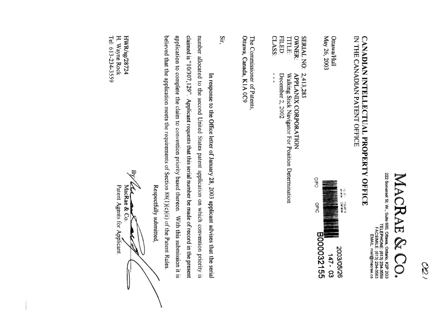 Canadian Patent Document 2413283. Correspondence 20030526. Image 1 of 1