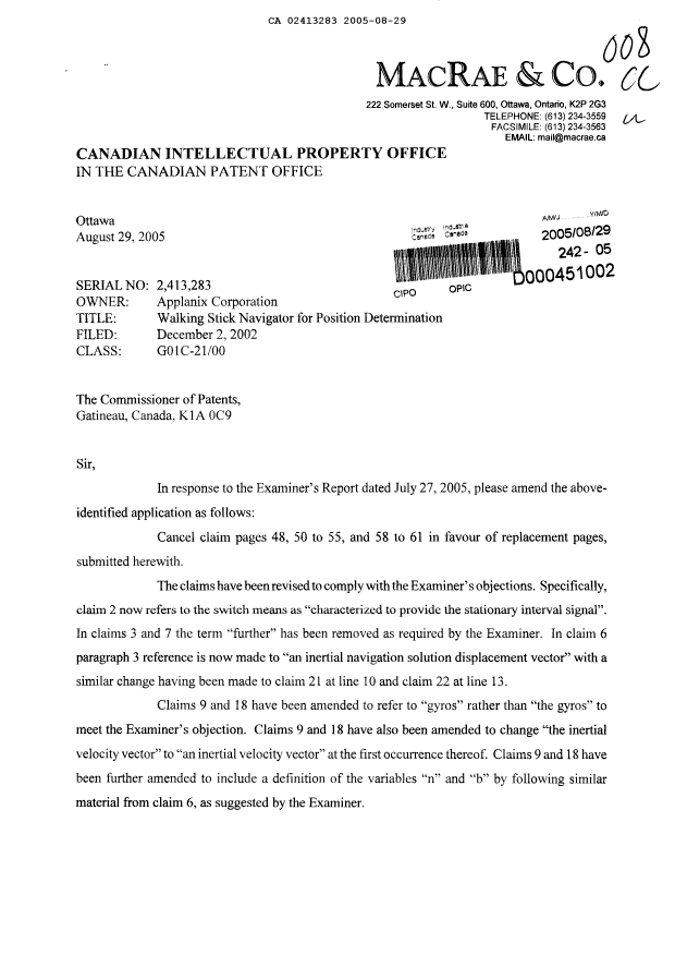Document de brevet canadien 2413283. Poursuite-Amendment 20050829. Image 1 de 13