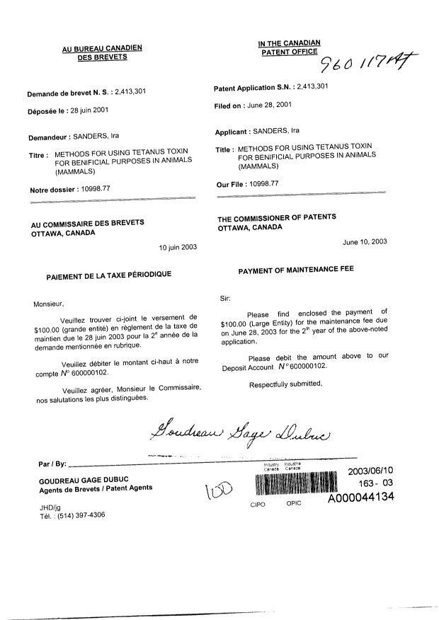Document de brevet canadien 2413301. Taxes 20030610. Image 1 de 1