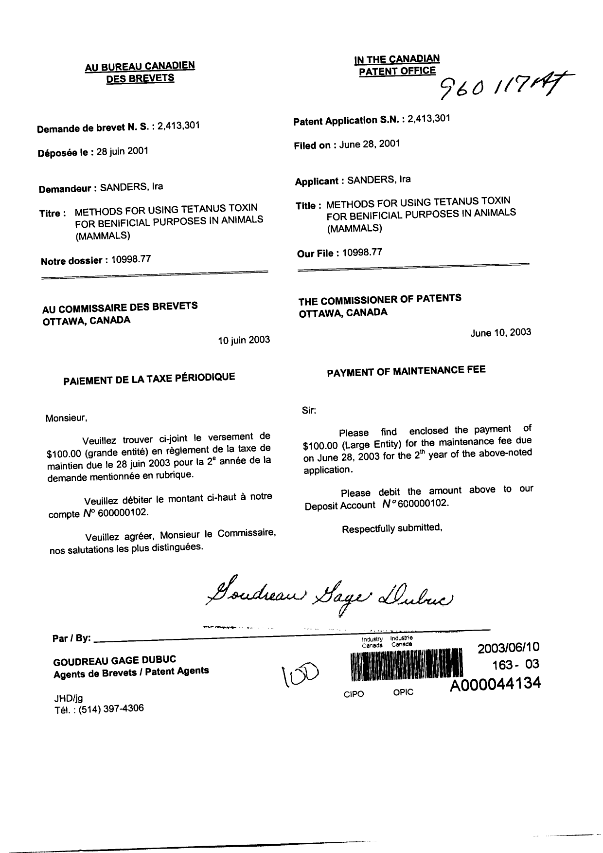 Canadian Patent Document 2413301. Fees 20030610. Image 1 of 1