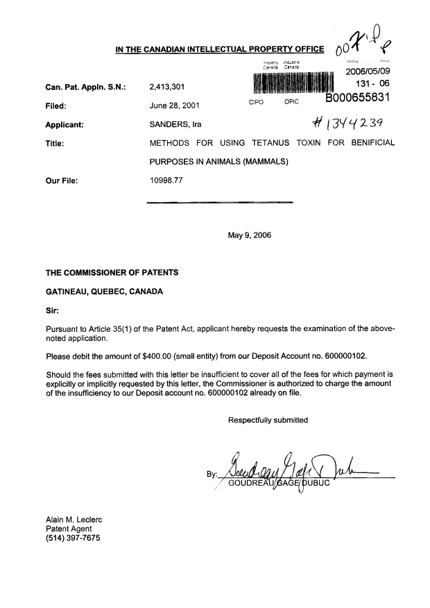 Canadian Patent Document 2413301. Prosecution-Amendment 20060509. Image 1 of 1