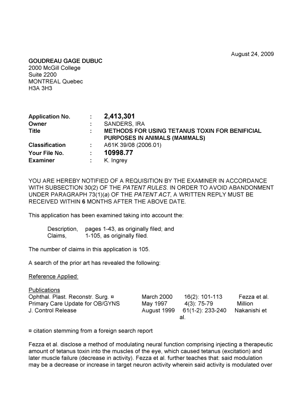 Canadian Patent Document 2413301. Prosecution-Amendment 20090824. Image 1 of 5
