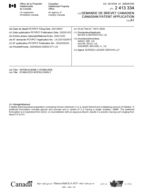 Document de brevet canadien 2413334. Page couverture 20030313. Image 1 de 1