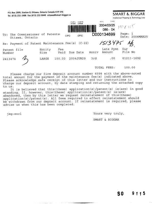 Document de brevet canadien 2413474. Taxes 20040325. Image 1 de 1