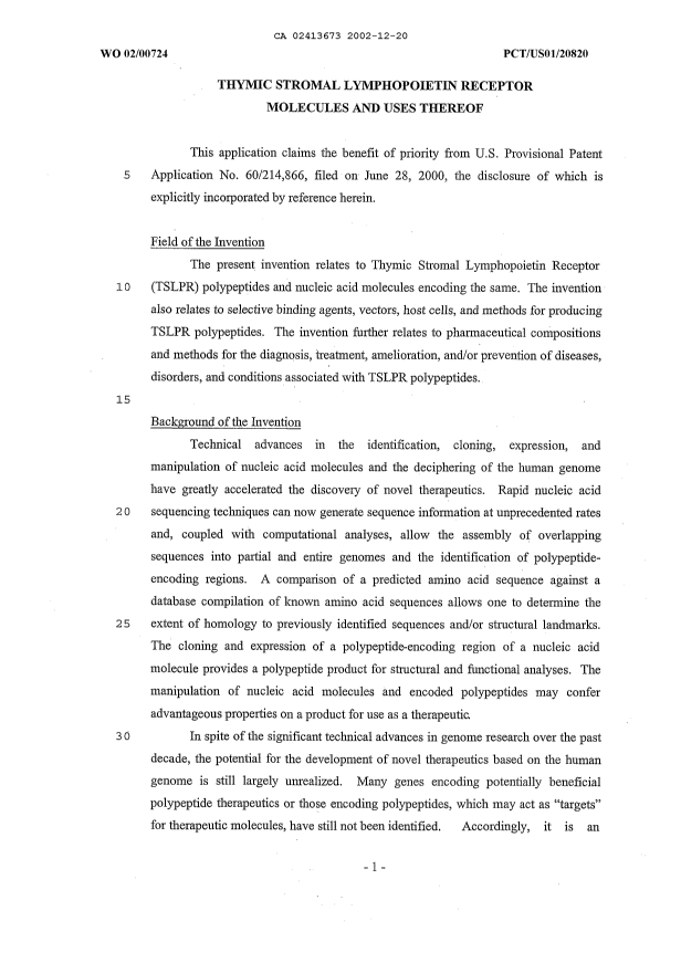 Canadian Patent Document 2413673. Description 20011220. Image 1 of 110
