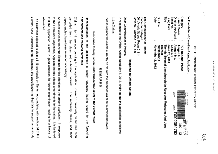 Document de brevet canadien 2413673. Poursuite-Amendment 20111202. Image 1 de 5