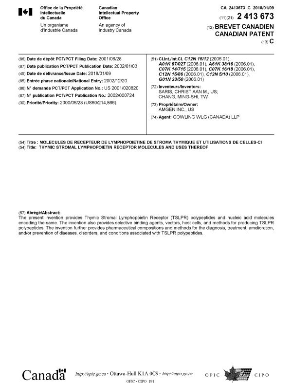 Document de brevet canadien 2413673. Page couverture 20171214. Image 1 de 1