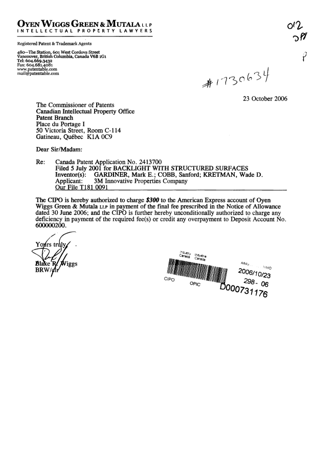 Canadian Patent Document 2413700. Correspondence 20061023. Image 1 of 1
