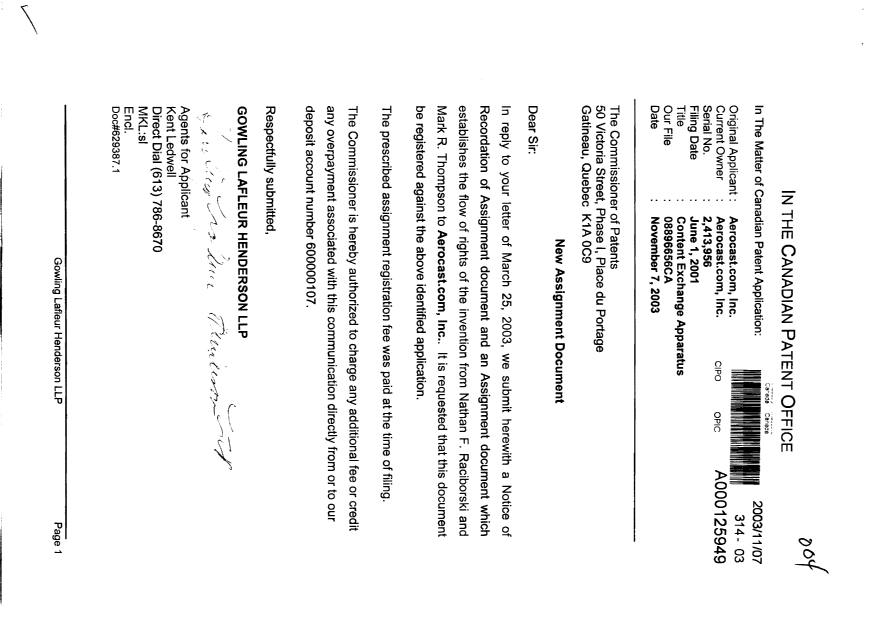 Canadian Patent Document 2413956. Assignment 20031107. Image 1 of 4