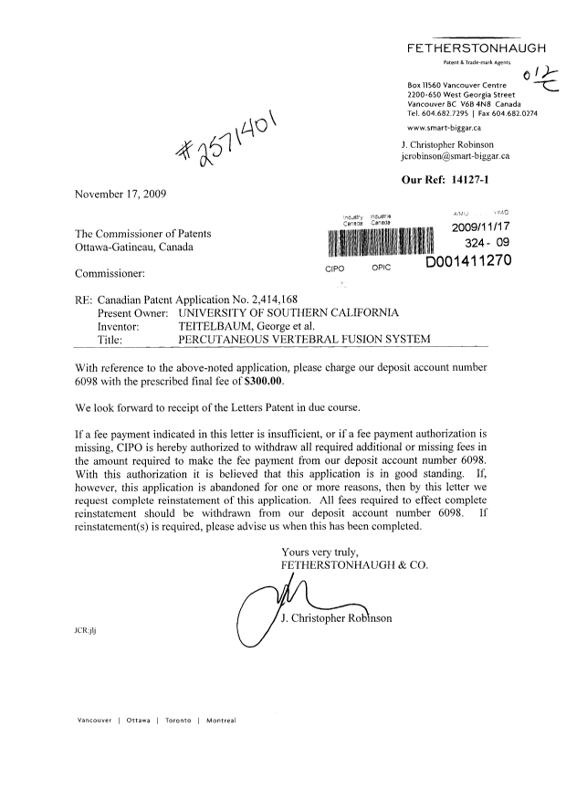 Document de brevet canadien 2414168. Correspondance 20091117. Image 1 de 1