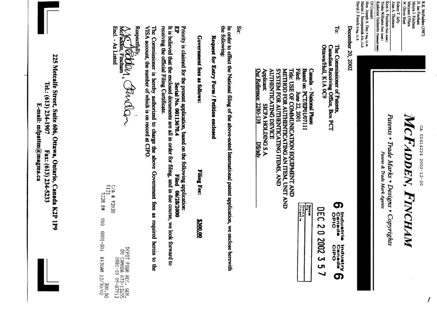 Canadian Patent Document 2414224. Assignment 20021220. Image 1 of 2