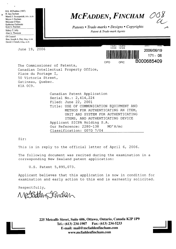 Document de brevet canadien 2414224. Poursuite-Amendment 20060619. Image 1 de 1
