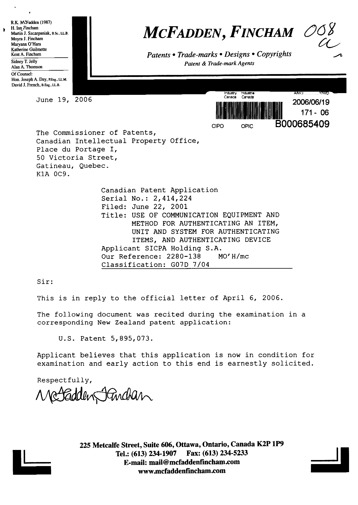 Canadian Patent Document 2414224. Prosecution-Amendment 20060619. Image 1 of 1