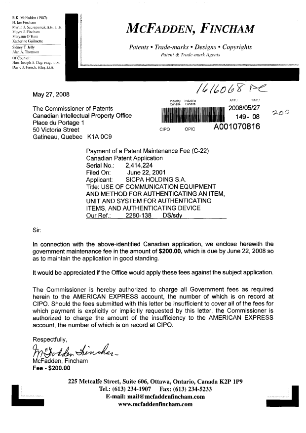 Document de brevet canadien 2414224. Taxes 20080527. Image 1 de 1