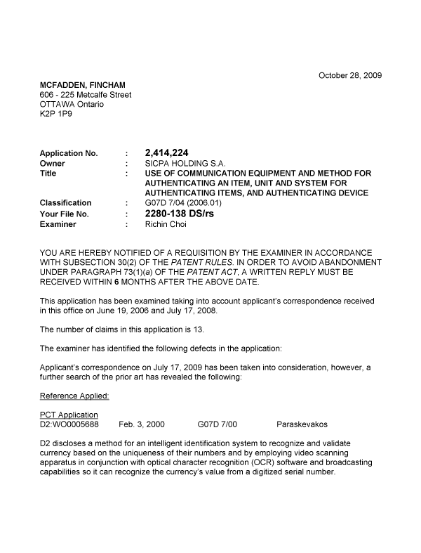 Canadian Patent Document 2414224. Prosecution-Amendment 20091028. Image 1 of 3