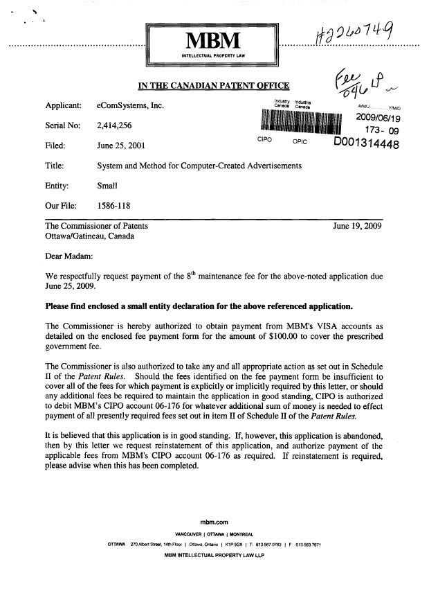 Canadian Patent Document 2414256. Correspondence 20090619. Image 1 of 3