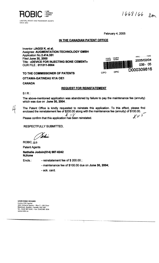 Document de brevet canadien 2414351. Taxes 20050204. Image 1 de 1
