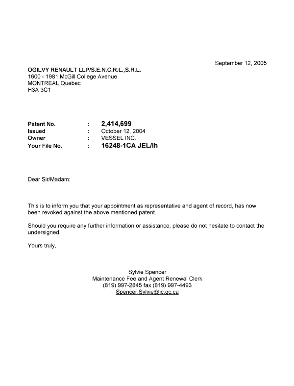 Document de brevet canadien 2414699. Correspondance 20050912. Image 1 de 1